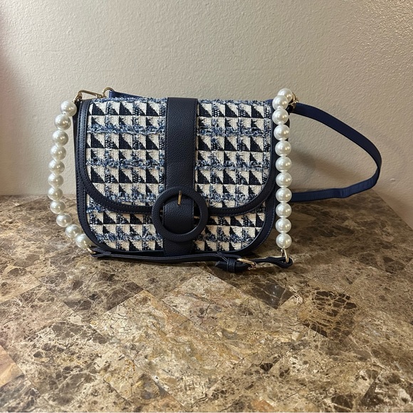Cato Blue Faux Tweed Purse With Blue And Pearl Straps - Picture 2 of 14